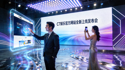 C7娱乐官方网站全新上线发布会现场图片，展示现代科技感界面与嘉宾互动场景