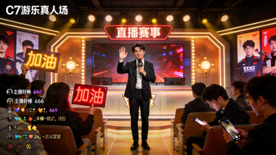 C7娱乐真人厅与直播赛事场景，展示主播与观众互动