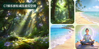 C7娱乐放松减压虚拟空间，宁静的森林、海滩与冥想引导场景