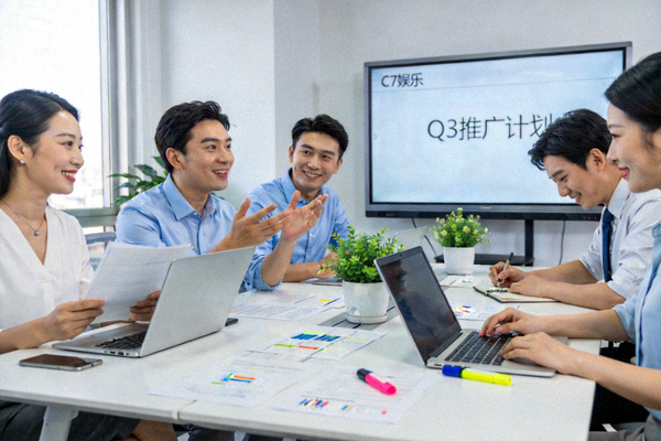 C7娱乐团队成员在现代化会议室中协作讨论项目，展现专业与活力