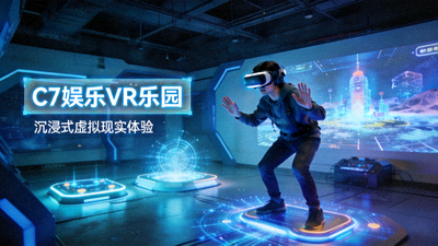 C7娱乐VR虚拟现实乐园体验场景，用户佩戴VR头显沉浸在数字世界中