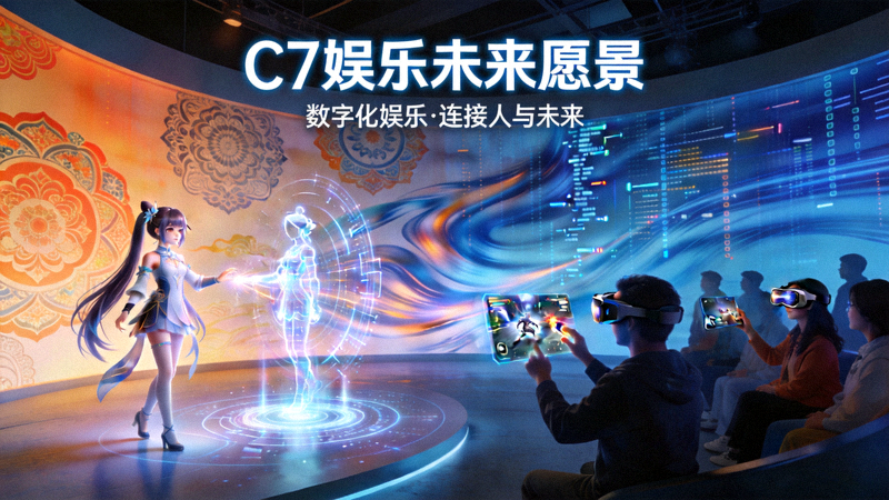 C7娱乐未来愿景概念图，展示科技与人文交融的数字化娱乐场景