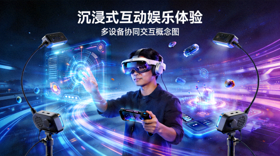 沉浸式互动娱乐体验概念图，展示用户通过多种设备与虚拟场景互动
